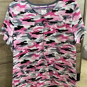 Scrubstar camo (pink, black, gray, and white) scrub top with two pockets